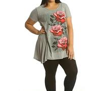 New Womens Plus Size Uneven Hanky Hem Short Sleeve T-Shirt Top Ladies Floral Rose Print Jersey Tunic Light Grey Size 24-26