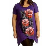 New Womens Plus Size Uneven Hanky Hem Short Sleeve T-Shirt Top Ladies Floral Rose Print Jersey Tunic Purple Size 12-14