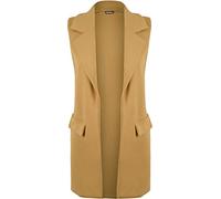 New Womens Sleeveless Crepe Open Long Waistcoat Pocket Top Ladies Jacket 8 - Camel - 10