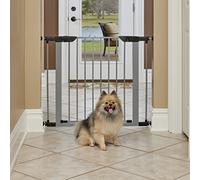 New World 29-Inch High Walk-thru Pressure Mounted Gray Steel Dog Gate, Expands to 38 Inches Wide, No Damage to Walls, Includes 3-inch Extensions, For Small Pets