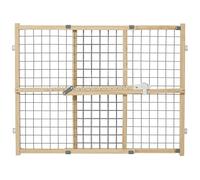 New World Wire / Wood Dog Gate, Pet Gate Does Not Damage Walls, No Tool Assembly, Features Patented Locking Arm, 60.96H x 68.58-105.41W - centimeters (24H x 29W Inches), Natural Wood & Light Gray Mesh