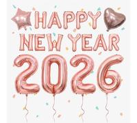 New Year 2026 Rose Gold Party Decorations Set with Foil Number Balloons XXL, Happy New Year Banner, Star and Heart Balloons, NYE Decor for Home or Event