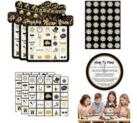 New Year Bingo Game | 24 Player Black & Gold Party Bingo Cards | Fun & Festive New Year's Eve Party Game Set for Family, Kids & Adults | Includes 420 Chips & 25 Caller Cards