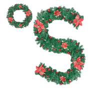 New Year Christmas Garland for Front Door with Lights Champagne Gold Christmas Mantel Garland Decoration with Ball Ornaments, Poinsettia Flowers,Ribbon,Battery Operated LED (Red)