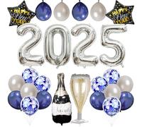 New Year Decorations 2025, Silver Number 2025 Foil Balloons Navy Blue Confetti Silver Latex Balloons with Champagne Glass Star Balloon for Man Boys New Years Eve 2025 Graduation Prom Party Supplies