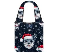 New Year Dog with Santa Hat and Snowflakes Canvas Tote Bag for Women, Reusable Grocery Shopping Cloth Bag with Wide Handle