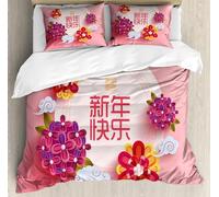 New Year Duvet Cover Double China Bedding Set Soft Comfy Microfiber 3D Print Chinese Characters Quilt Cover 200x200 + 2 Pillowcases with Zipper, c5793