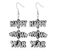 New Year Earrings for Girls Cute Happy New Year Drop Earrings 2024 New Year Dangle Earrings Long Statement Earrings Christmas Jewelry Gifts, Zinc, No Gemstone