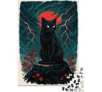 New Year Gift: Black Cat Under Red Moon Japan Style 1000 Piece Jigsaw, 38x26cm/1000pcs