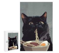New Year Party Activity - Black Cat Eating Ramen Illustration, Adult Tabletop Puzzle, 1000 PCS, for Mindful Indoor Entertainment