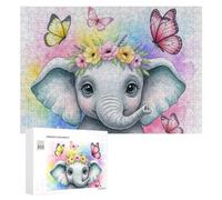 New Year Party Activity - Cute Elephant with Butterflies And Flowers, Wooden Picture Puzzle for Grown-Ups, 300 PCS, with A Decorative Finished Picture