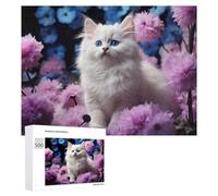 New Year Party Activity: Fluffy White Kitten with Blue Eyes, 500 PCS, Wooden Brain Teaser for Adults, for Screen-Free Relaxation at Home