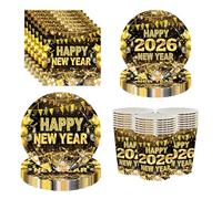 New Year Party Decorations Black Gold Happy New Year Plates Cups Napkins for NYE Decorations 2026 New Years Eve Party Supplies 2026(16 Guest,Gold,Black)