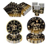 New Year Party Decorations Black Gold Happy New Year Plates Cups Napkins for NYE Decorations 2026 New Years Eve Party Supplies 2026(24 Guest)