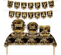 New Year Party Tableware, 42Pcs Black Gold Tableware Set,Disposable Plates, Napkins, Table Cloth and Banner, New Years Eve Table Decorations Suitable for New Years Eve Party