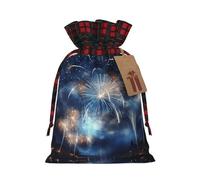 New Year Pyrotechnics Christmas Gift Bags with Tags & Ribbon Ties, Xmas Drawstring Candy Treat Bag Buffalo Plaid Christmas Gifts Sacks Reusable Gift Wrapping Bags for Holiday Party Favors Medium