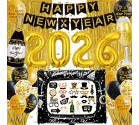 New Year's Eve Decoration 2026 Party Set, Black Gold New Year Decoration 2026 Happy New Year Banner, Aluminium Foil Balloon, Latex Balloons, Photo Props, for New Year's Eve Party, Happy New Year