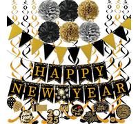 New Years Eve Decorations 2025, 18Pcs Black Gold HAPPY NEW YEAR Party Banner Set, Happy New Year Hanging Decorations Kit for New Year Decorations 2025 NYE party Supplies New Years Eve Party Favors