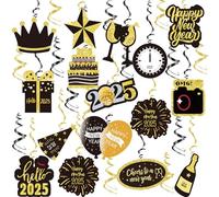 New Years Eve Decorations 2025, 30 PCS Black and Gold Happy New Year Hanging Swirl Decorations for New Years Eve Party Supplies Decorations