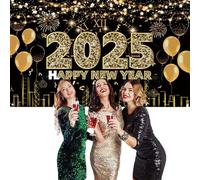 New Year's Eve Decorations 2025 - Extra Large Fabric Banner, 71 x 45 Inch Black Gold Fireworks Backdrop for Party Supplies