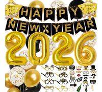 New Years Eve Decorations 2025 Set, Happy New Year Banner with New Years Eve Photo Booth Props and Gold Numbers 2025, Happy New Year Eyeglasses, Gold Black and Confetti Balloons