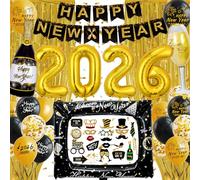 New Years Eve Decorations 2026,Black Gold New Year Decorations 2026 Happy New Year Banner,Aluminium Foil Balloon,Latex Balloons,Photo Props,For New Years Eve Party