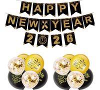 New Years Eve Decorations 2026 Set, Black and Gold Happy New Year Banner with Latex Confetti Balloons, Elegant New Year Decorations for 2026 Party Celebration
