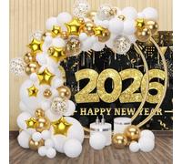 New Years Eve Firework Decorations 2026, Happy New Year Backdrop Party Supplies Kit, 2026 NYE Party Backdrop, Balloons, Black and Gold