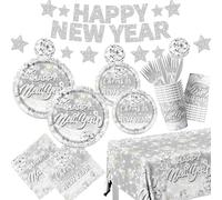 New Year's Eve Party Supplies 2025 - Happy New Year Banner, Silver Plates, Napkins, Cups, Tablecloth for Decorations