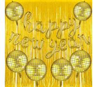 New Year's Party Balloon Garland Arch Kit with Gold Happy New Year Balloons Disco Balloons Rain curtain for 2026 Party Decorations Celebration