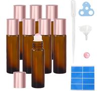 NEW-YIJUNSHUN 8 Pack Rose Quartz Roller Bottles for Essential Oils, 10ml Refillable Amber Glass Roll On Bottles with Natural Crystal Roller Balls, Leak-Proof Travel Perfume Bottle with Rose Gold Caps