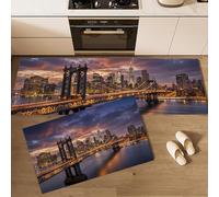 New York Bridges At Night Kitchen Rug 2 Piece Set, Urban Architecture Non-Slip Washable Runner Rug, Orange Color Kitchen Floor Mat for Kitchen Home Office Sink - 43x75cm+43x150cm