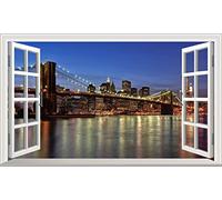 New York Brooklyn Bridge and Manhattan Skyline at Night V101 Magic Window Wall Smash Crack Wall Smash Wall Sticker Self Adhesive Poster Wall Art Size 1000mm Wide x 600mm deep (Large)