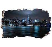 New York Brooklyn Bridge and Manhattan Skyline at Night V302 Magic Window Wall Smash Crack Wall Smash Wall Sticker Self Adhesive Poster Wall Art Size 1000mm Wide x 600mm deep (Large)