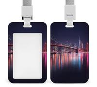 New York Brooklyn Bridge Night View Badge Holder Personalized ID Name Tag Vertical Work Badge Clip with Lanyard for Women Men
