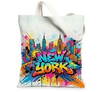 New York Canvas Tote Bag for Women, Urban Contemporary Skyline Graffitis Summer Blue Washable Reusable Market Tote Ideas for Travel Work Shopping Bookstore 13x15 Inch