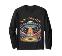 New York City Alien UFO Abduction Retro Sci-Fi Art Long Sleeve T-Shirt