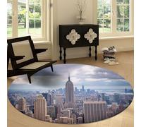 New York City Architecture Clouds Washable Carpet Anti-slip Round Rug 180 cm, Multicoloured Non-slip Area Rug for Living Room - Soft Low-Pile Circle Carpet for Dining Room Table Laundry Playroom