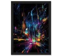 New York City at Night Modern Abstract Neon Contrast Painting Artwork Framed Wall Art Print A4 Artery8 Black One Size