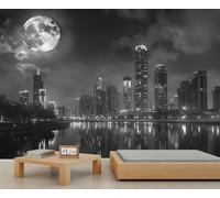 New York City Landscape Mural Black White City Moonlit Mural European Night Cityscape Murals Chicago-Style Skyline Wallpaper for Living Room Bedroom 450 x 305 cm