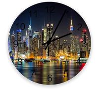 New York City Manhattan Night View High-Rise Buildings 25Cm Round Frameless Wall Clock Non-Ticking Clocks Decorative Arabic Numerals Wall Clock For School Dining Room Kitchen