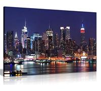 New York City Manhattan Skyline Canvas Wall Art, Framed 30x20 Inch | Night Cityscape, Ready to Hang on Pine Frame, Vivid Colour Print for Living Room Bedroom Office Home Decor, Panther Print