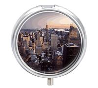 New York City Pill Box 3 Compartment Small Pill Case with Mirror for Purse & Pocket Travel Medicine Organizer Daily Medication Container Portable Pillbox Metal Medicine Box Round Meds Case