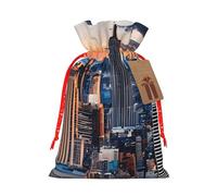 (New York City) Print Christmas New Year Candy Gift Bag, Red Xmas Ribbon Drawstring Bags for Kids Xmas Holiday Eve Presents M Size