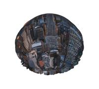 (New York City Print) Print Double Layer Waterproof Shower Cap for Long Hair - Reusable Bath Hair Protection with Elastic Band for Women Travel.