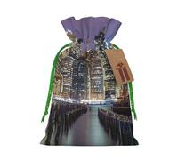 (New York City) Printed Christmas S Size Gift Bags with Green Ribbon Drawstring Candy Bags for Kids Xmas Holiday Christmas Eve Presents