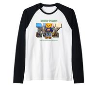 New York City Skyline & Cute Teddy Bear with NYC Graphic Raglan Baseball Tee