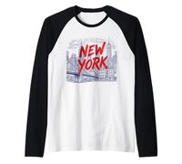 New York City Skyline Sketch Graphi with Bold Red Brush Text Raglan Baseball Tee