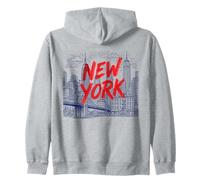 New York City Skyline Sketch Graphi with Bold Red Brush Text Zip Hoodie