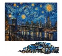 New York City Starry Night Art Adult Puzzle, Wooden Jigsaw, 1000 Pieces | Border-first building: a clear build method during indoor leisure.